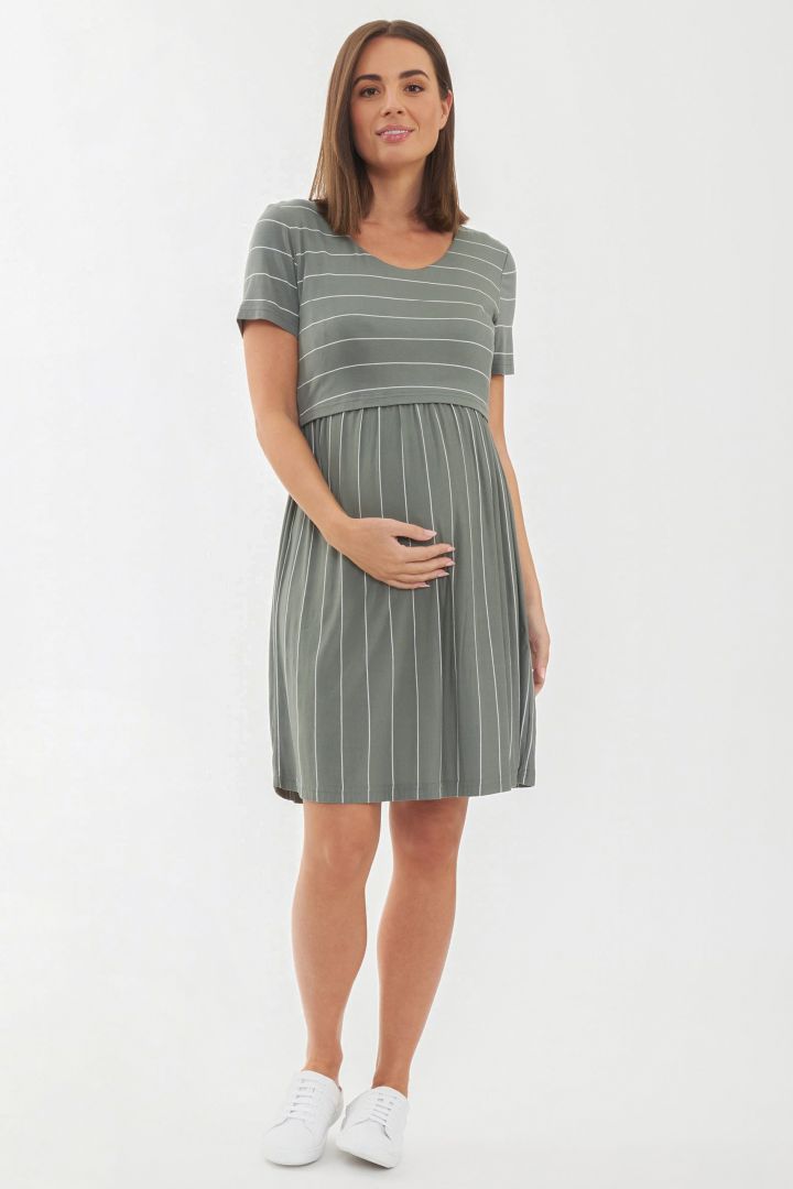 Maternity and Nursing Dress olive / weiß Striped