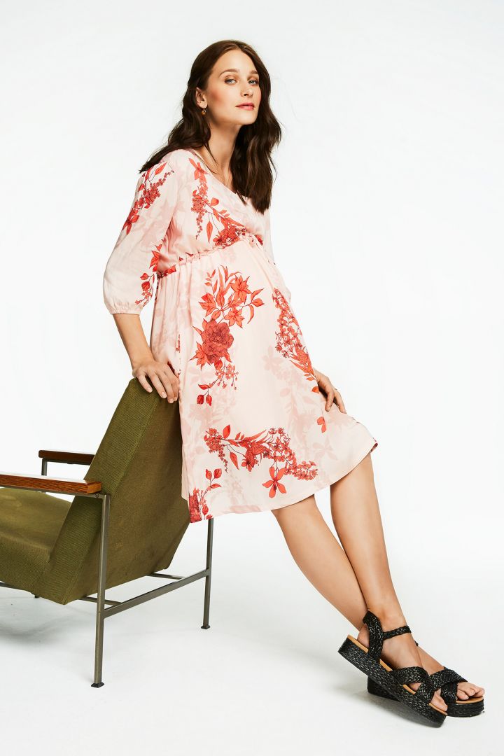 Maternity Dress with 3/4 Sleeves and Floral Print