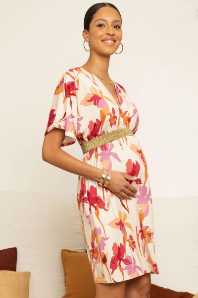 Maternity Dress with Lurex Empireline and Floral Print