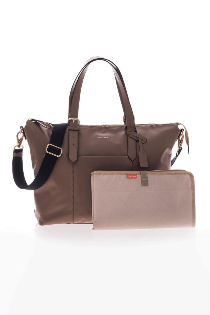 Diaper tote bag made of leather, taupe