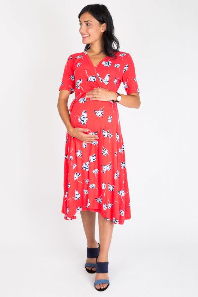 Maternity and nursing wrap dress with a poppy print