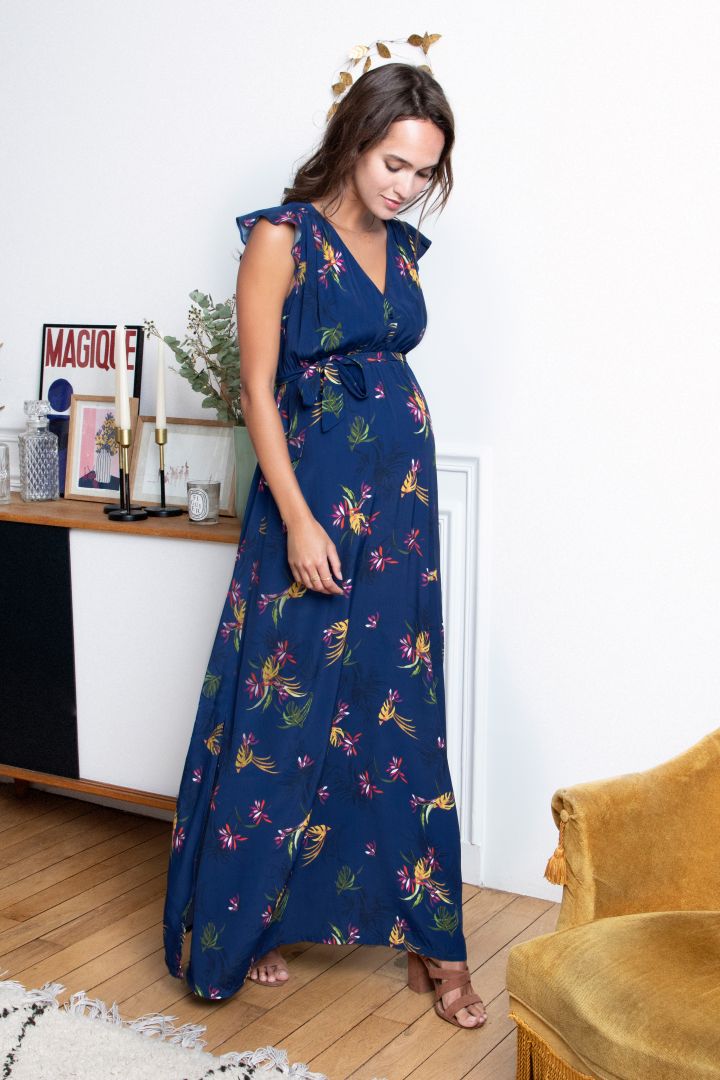 Maxi Maternity and Nursing Dress with Flower Print
