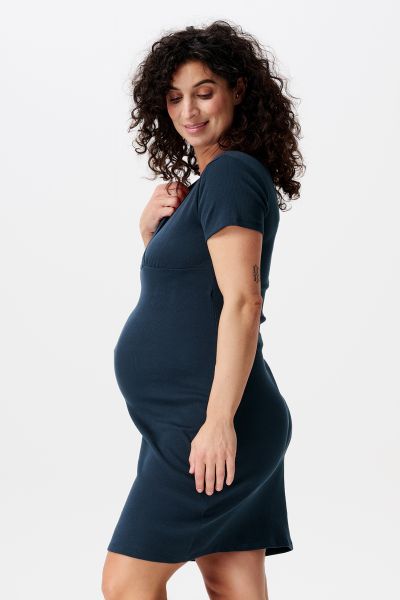 Organic Ribb Maternity and Nursing Nightgown Short Sleeve navy