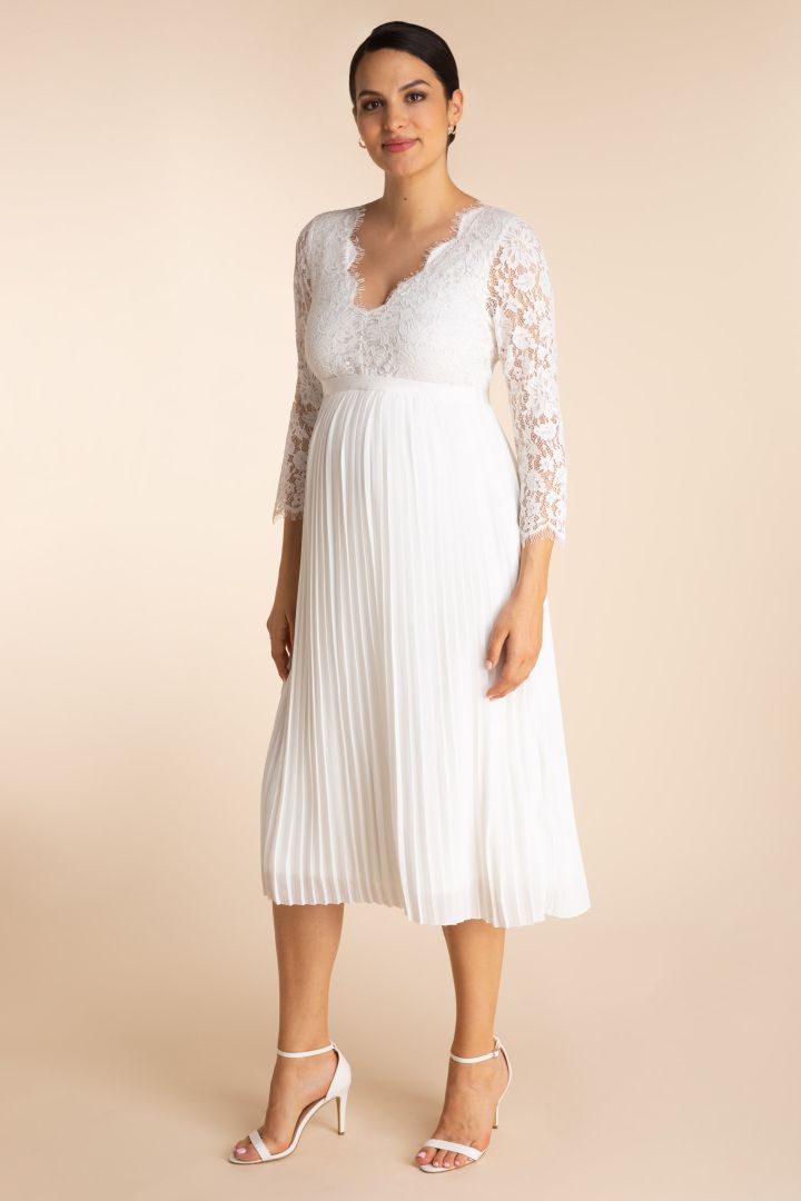 Maternity Wedding Dress with Lace Top and Pleated 3/4 Lace Sleeves