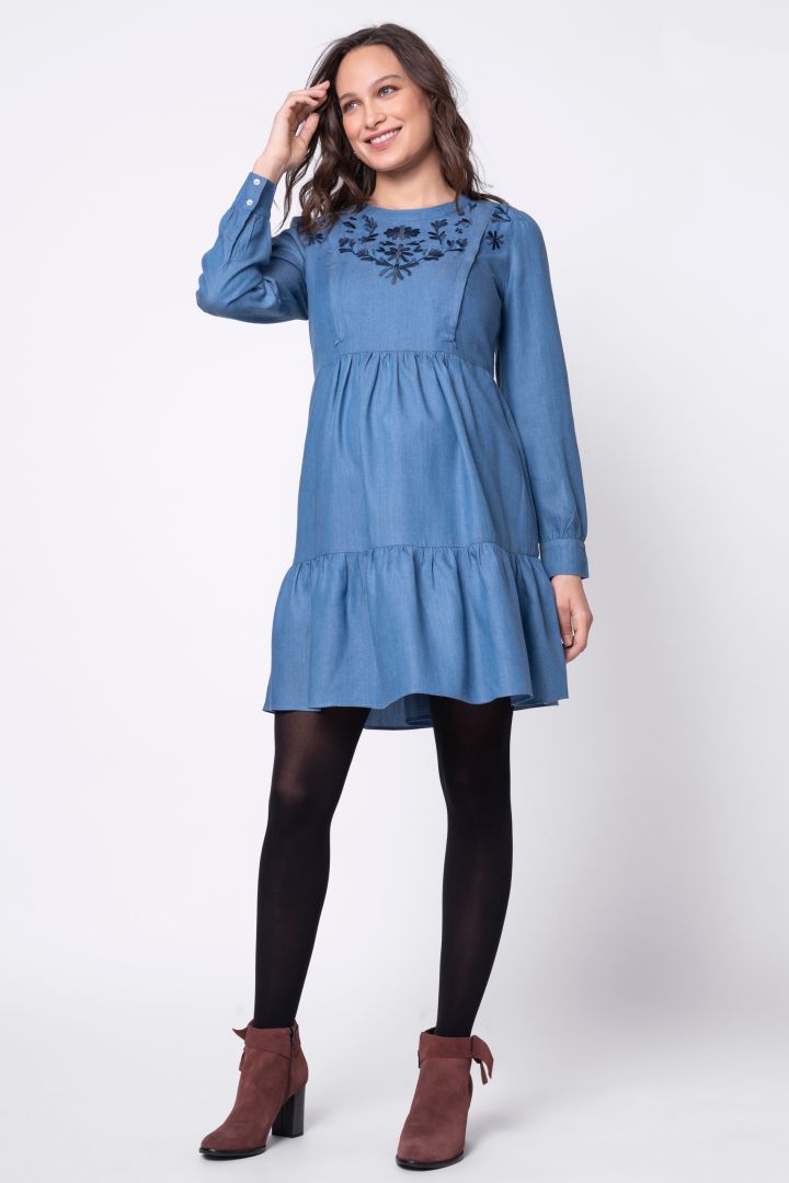 Tencel Maternity and Nursing Dress with Embroidery