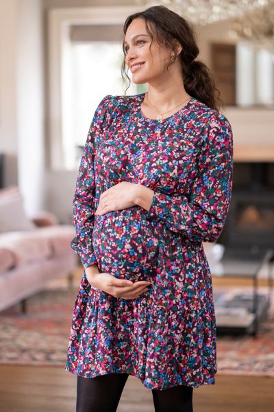 Flounce Maternity and Nursing Dress with Floral Print