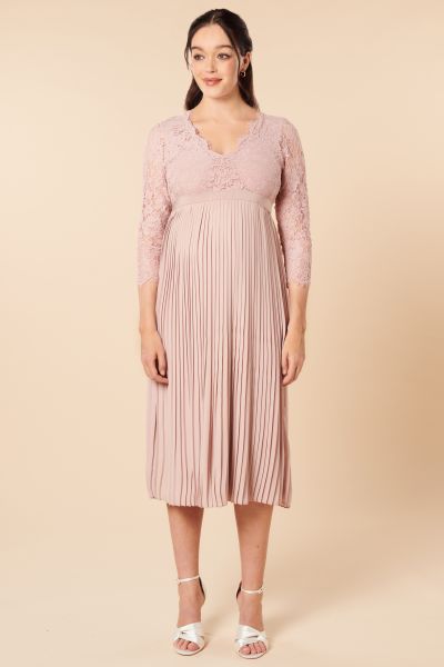 Plus Size Festive Maternity Dress with Lace Top and Pleats 3/4 Sleeves rose