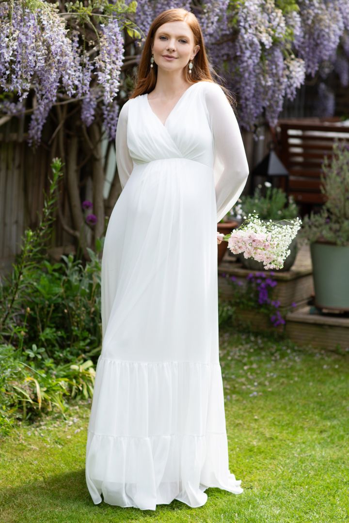 Boho Chiffon maternity Wedding Dress with Sheer Sleeves