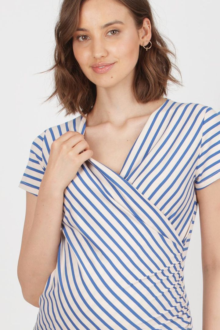 Cross-over Maternity and Nursing Shirt with Stripes blue