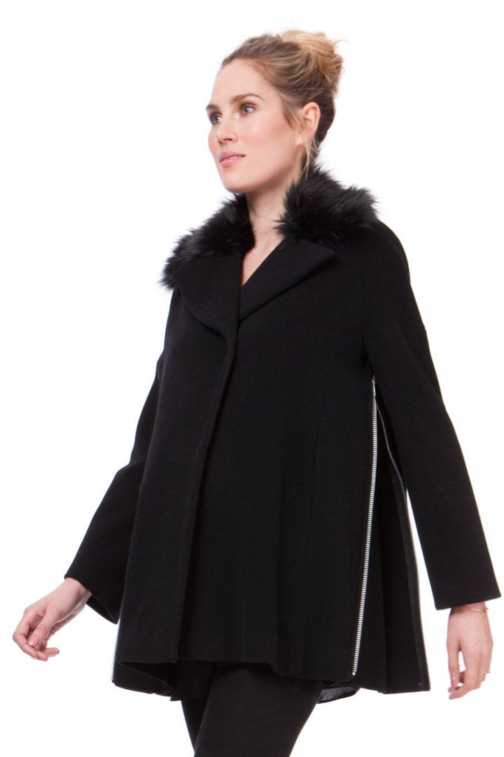 Maternity Coat with Fur Collar and Side Extensions
