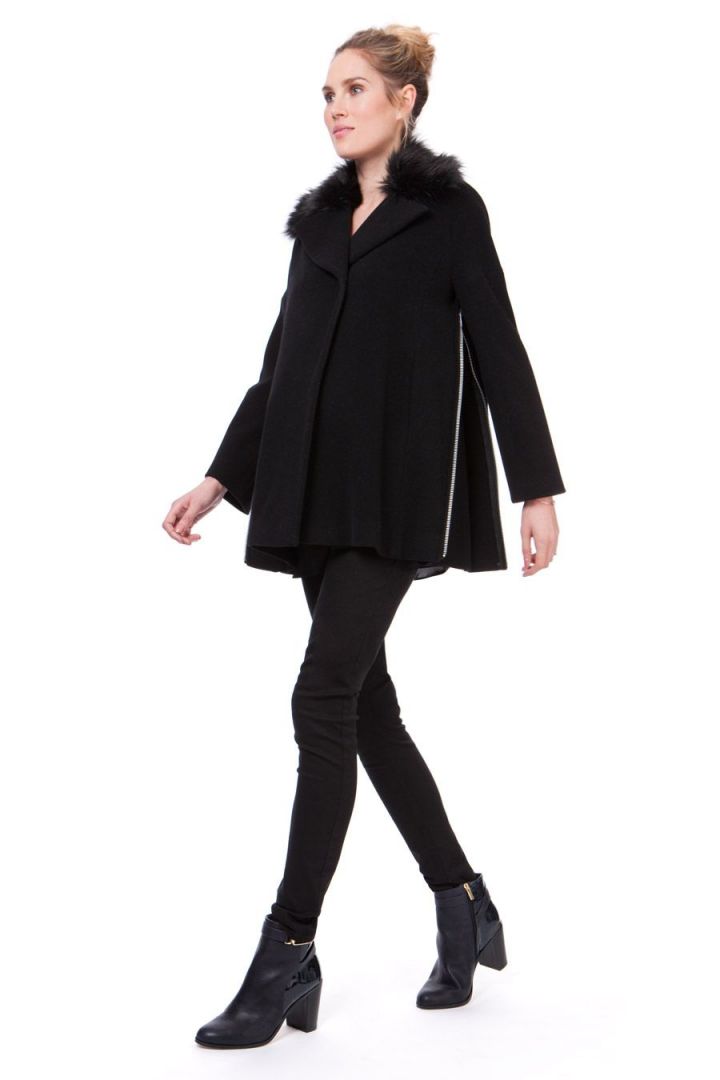Maternity Coat with Fur Collar and Side Extensions