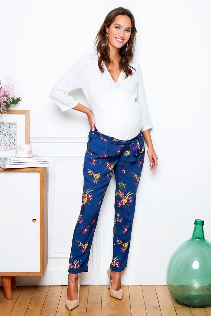 Maternity Pants with Tie Belt and Floral Print