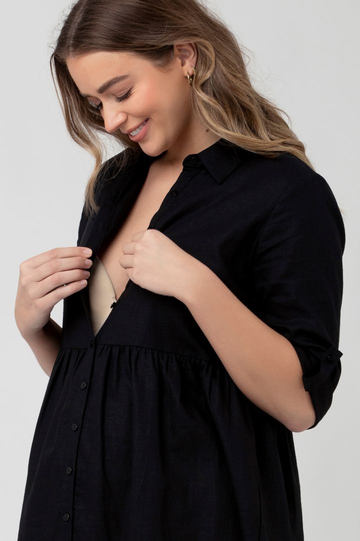 Maternity and Nursing Tunic Dress with Button Placket black