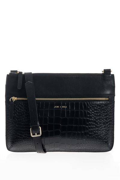Crossbody diaper bag with a crocodile look made of leather, black