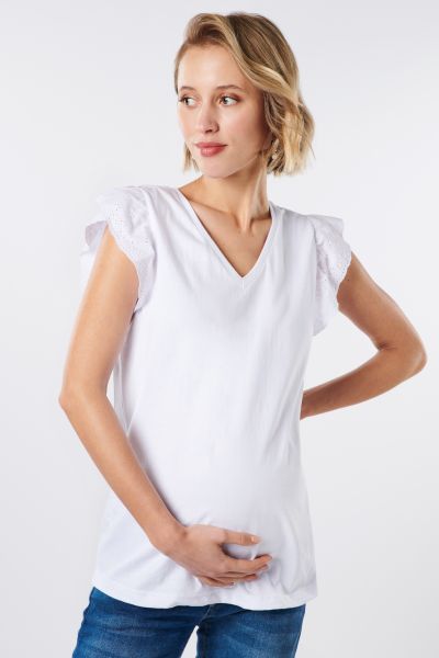 Organic Maternity Top with Lace Sleeves white