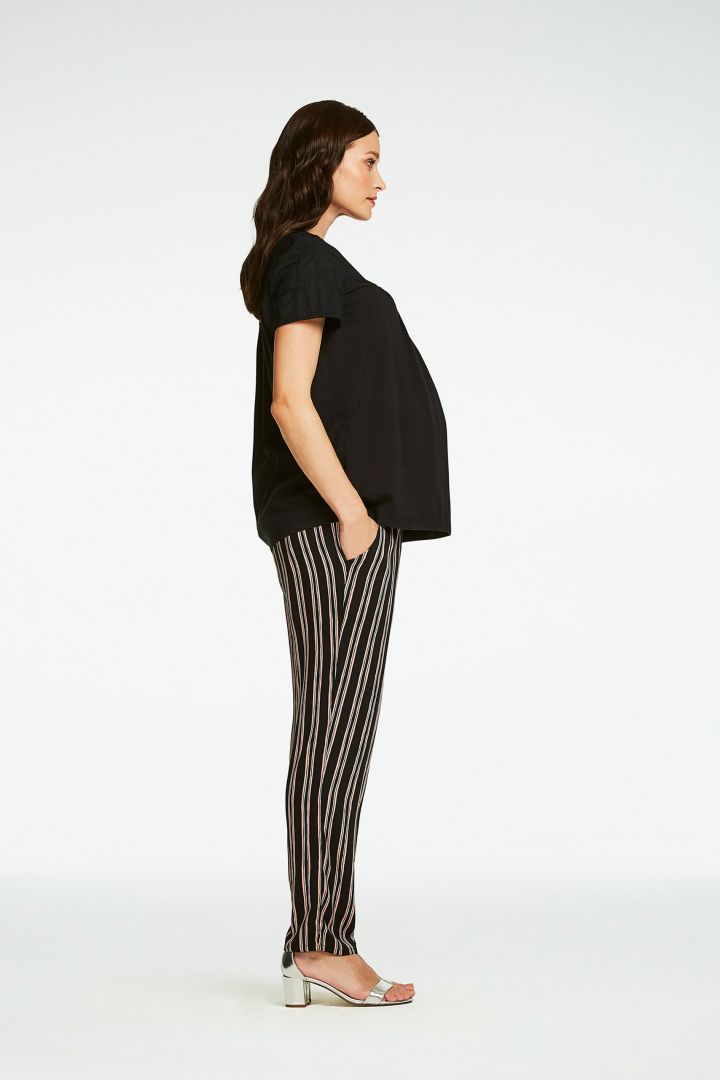 Striped Maternity Trousers with pleated Over-Bump Band black