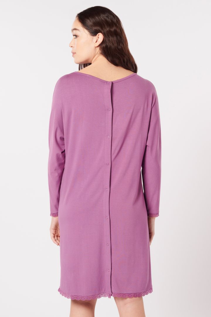Langarm Eco Viskose Geburtskleid und Stillnachthemd mit Spitze violett