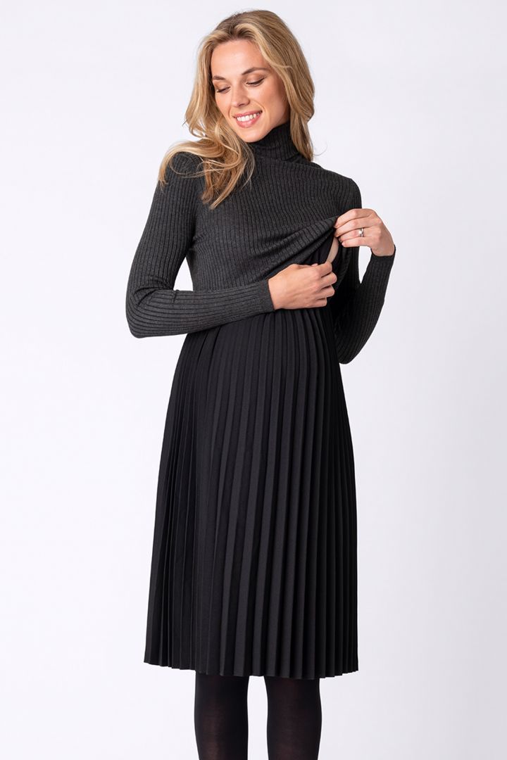 Maternity and nursing dress with pleated skirt