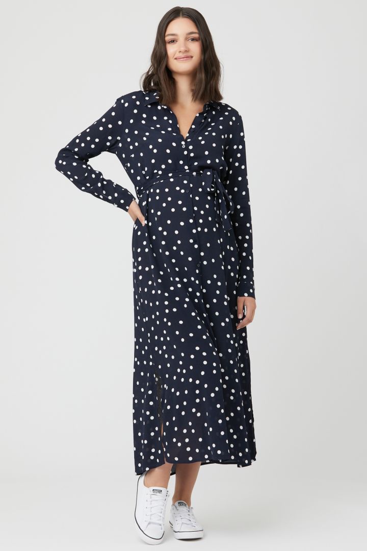 Long Maternity and Nursing Shirt Dress with Dots Print