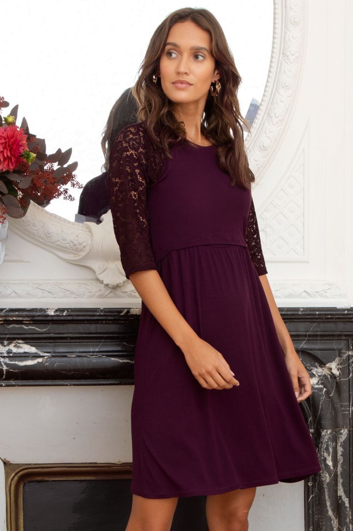 Maternity and Nursing Dress with 3/4 Lace Sleeves dark berry