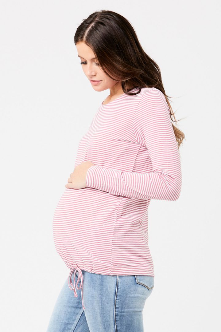 Maternity shirt with drawstring and pink/white stripes