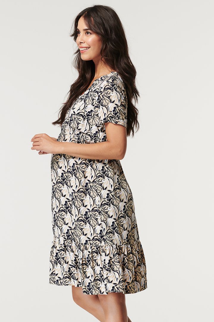 Maternity and Nursing Dress with Leaves Print
