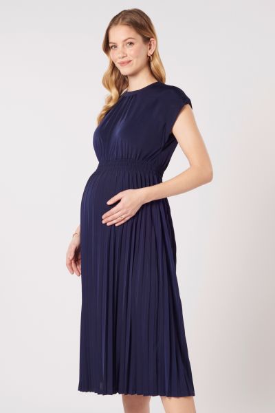 Midi Maternity Dress with Pleats navy