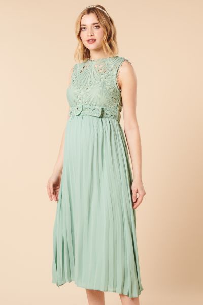 Pleated Maternity Dress with Ornamental Lace and Belt mint