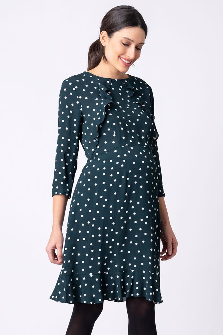 Maternity and nursing dress; polka dot with flounces