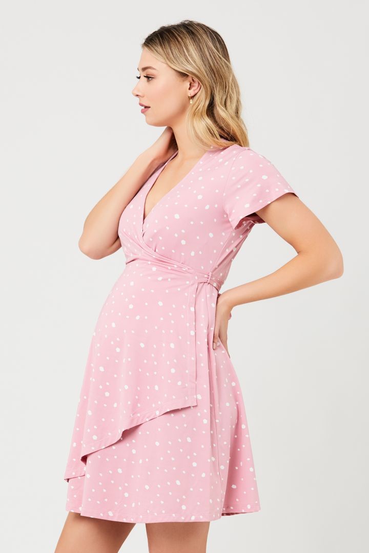 Maternity and Nursing Wrap Dress with Polka Dots pink