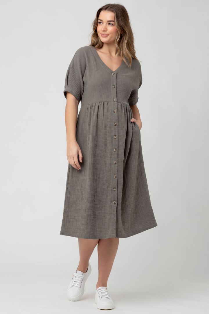 Muslin Maternity and Nursing Dress with Button Placket