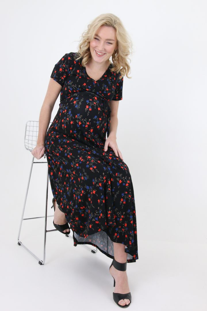 Maxi Maternity and Nursing Dress with Flower Print