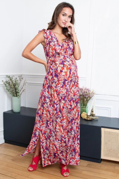 Maxi Maternity and Nursing Dress with Floral Print purple