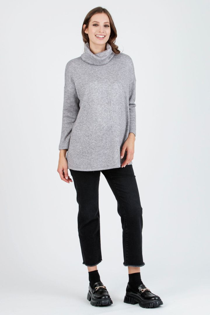 Turtleneck Maternity Sweater with Tie Belt light gray