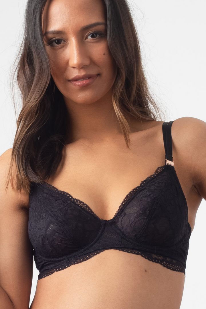 Plunge Maternity and Nursing Bra with Lace Back, Black