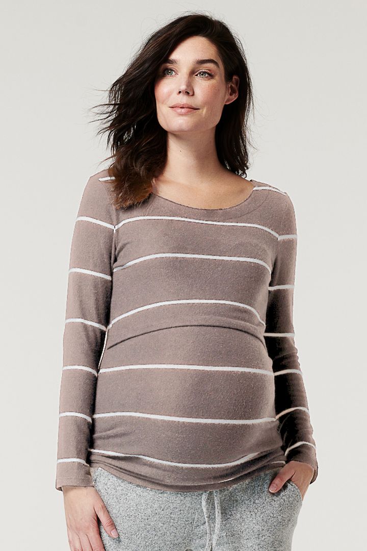 Ecovero Lounge Maternity and Nursing Shirt with Stripes taupe