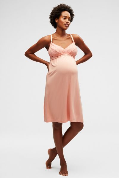 Maternity and Nursing Nightie with Lace coral pink