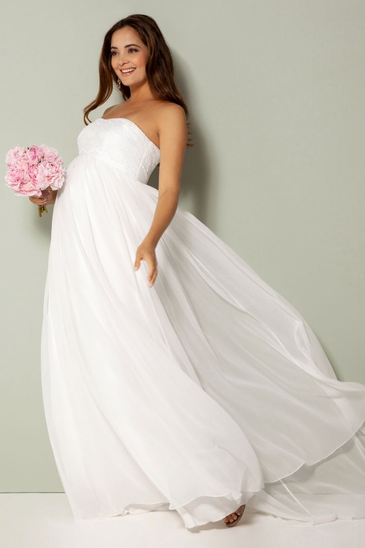Maternity Wedding Dress with Strapless Lace Bodice White