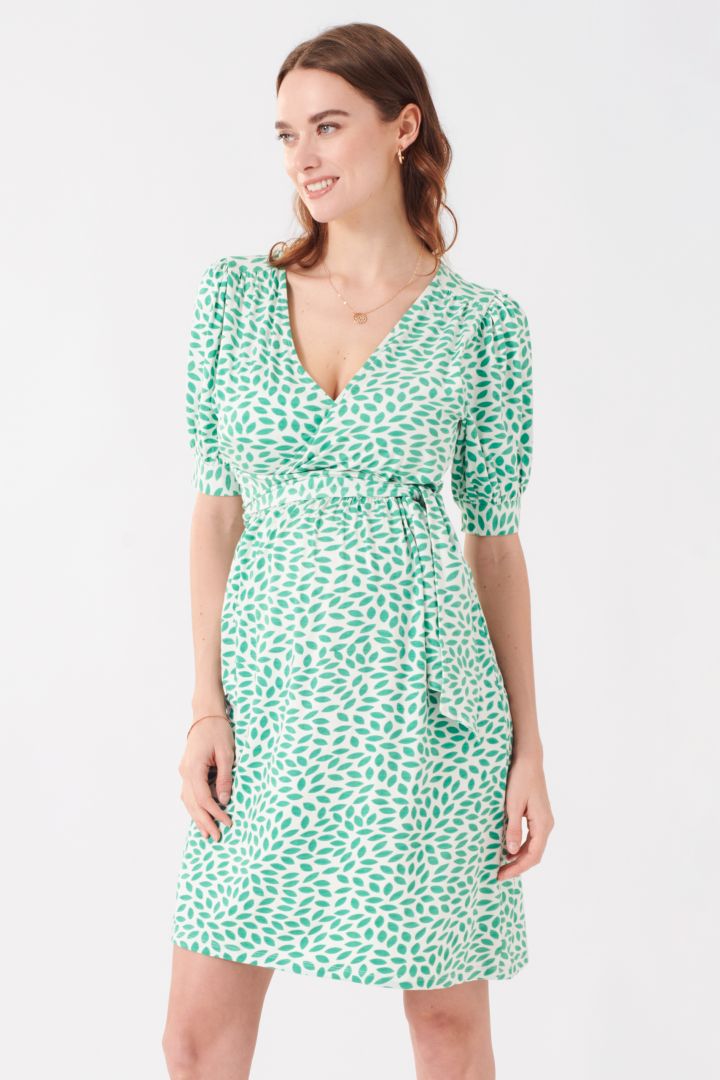 Ecovero Maternity and Nursing Dress in Wrap Optic green leaf print