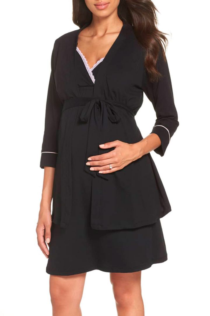 Maternity and nursing nightgown with dressing gown, black