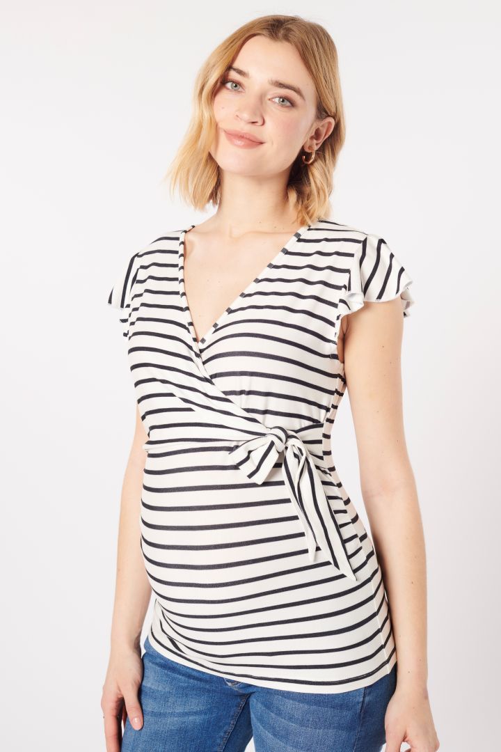 Ecovero Maternity and Nursing Top in Wrap Optic Navy Stripe