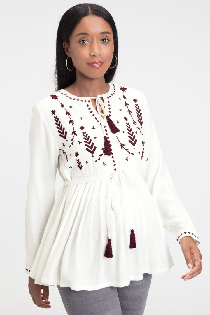 Maternity and Nursing Tunic with Embroidery and Tie Belt
