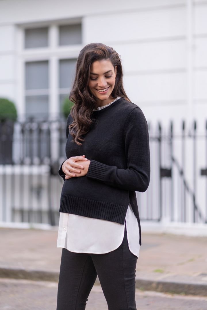 Two-in-one maternity sweater and blouse with nursing opening