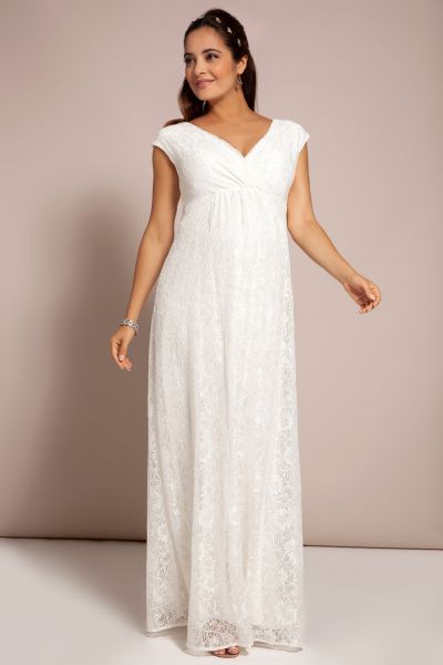 Long Lace Maternity and Nursing Wedding Dress with Cache-Coeur Neck Ivory