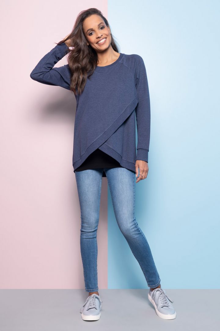 Umstands- und Stillsweater mit Crossover Saum blau