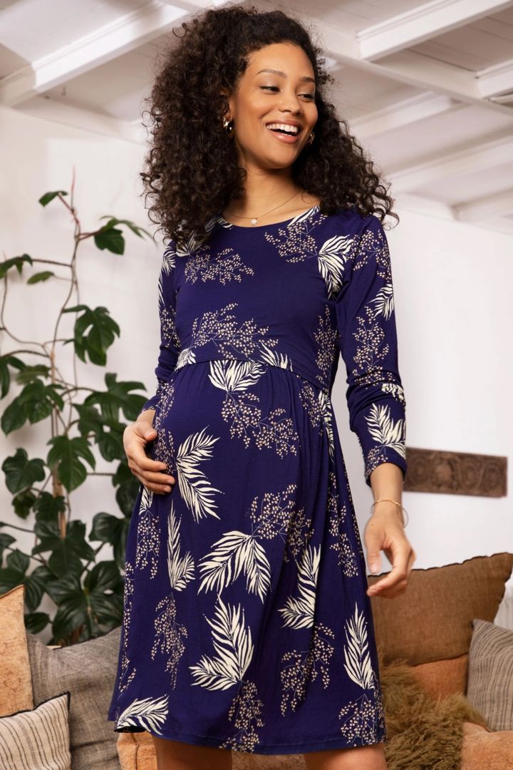 Maternity and Nursing Dress with Leaf Print