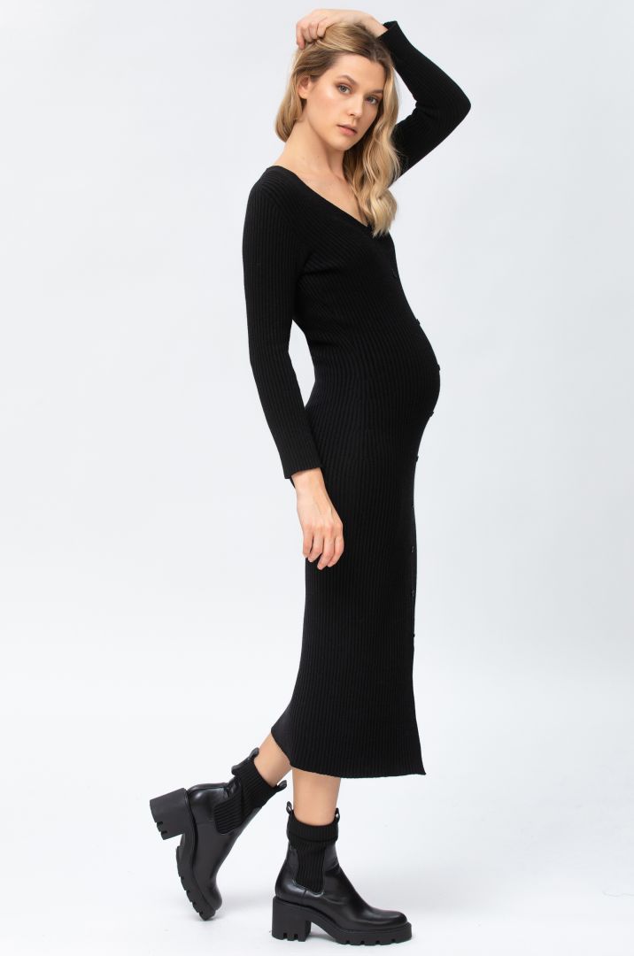 Ribbed Knit Maternity Dress with Buttons black