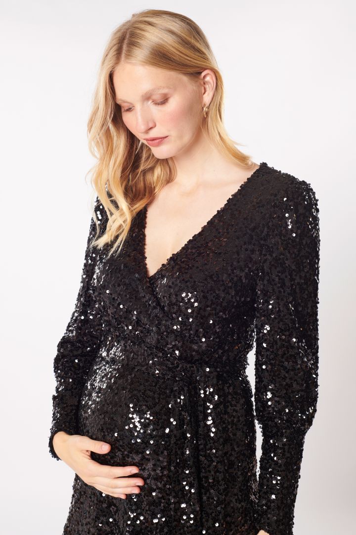 Sequin maternity and nursing evening dress with bishop sleeves