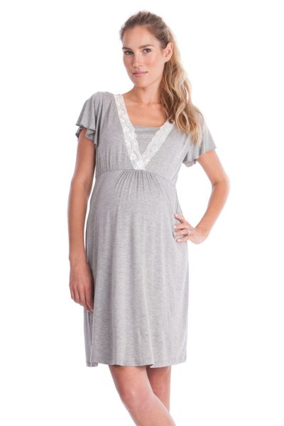 Short-Sleeved Maternity and Nursing Nightdress with Lace