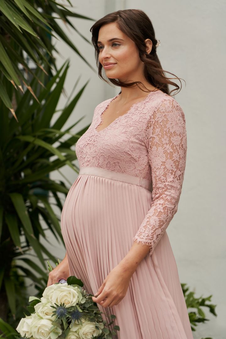 Festive Maternity Dress with Lace Top and Pleats 3/4 Sleeves rose